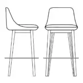 Itala bar stools line drawing, black and white, showing curved backrests, rounded seats, and differing leg structures—straight versus angled.