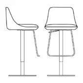 Itala bar stools with swivel base, black line drawings, curved backrests, differing leg structures, minimalist modern design.