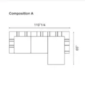 Sectional sofa layout, Composition A, L-shape, with three rectangular modules, grid detailing, dimensions 119.25x65 inches, white background.