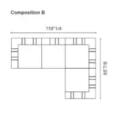 Modular sectional sofa diagram, labeled “Composition B”, showing L-shape with rectilinear modules, vertical paneling, dimensions 119 ¼” x 85 ⅞”.