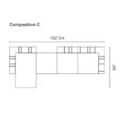 Modular sectional sofa, Composition C, schematic drawing, rectilinear form, 152” length, 65” height, grid pattern, black lines on white.