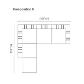 Modular sectional sofa diagram, white background, L-shape configuration, 119 ¼” width/height, rectangular modules with linear patterned surfaces.