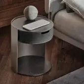Impeccable Ditre Italia Skin nightstand with dark veneered wood and dark gray bonded leather drawer crafted with light metal structure