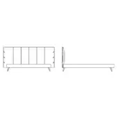 Cuff Bed technical drawing, gray lines on white, showing channeled headboard, low profile frame, and tapered metal legs.