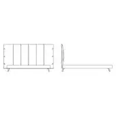 Cuff Hi Bed technical drawing, upholstered headboard with vertical panels, tapered metallic legs, low platform base, minimalist design.