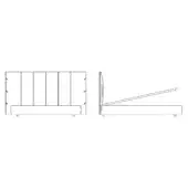 Bed technical drawings, monochrome, vertically paneled headboard with rectangular upholstery and slatted platform frame with angled legs.