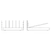 Bed technical drawings showing upholstered headboard with vertical panels and slatted frame with angled support, minimalist modern design.