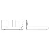 Cuff Plus Bed technical drawings, black lines on white, showing front & side elevations of upholstered headboard & low platform base.
