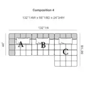 Modular sectional sofa diagram, gray upholstery, grid pattern, dimensions 132 ¼”W x 66 ⅛”D x 24 ¾”H, labeled sections A, B, C.