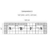Modular sofa diagram, gray shading, rectangular form with labeled modules—A, B, F—dimensions 165”W x 44”D x 24”H, linear arrangement.