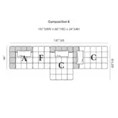 Modular sofa technical diagram, gray quilted upholstery, linear arrangement of labeled modules A, F, C, dimensions 187 3/8"W x 66 1/8"D x 24 3/4"H.