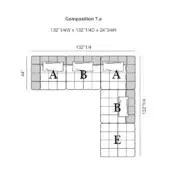 Modular sectional sofa, gray textured fabric, L-shape with labeled rectangular modules A, B, E; dimensions 132 ¼”W x 132 ¼”D x 24 ¾”H.