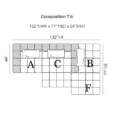 Modular sectional diagram, neutral gray upholstery, L-shaped configuration with labeled square modules A, B, C, and F, dimensions 132.25x77.125x24.75 inches.