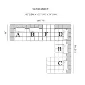 Modular sofa diagram, neutral gray fabric, L-shape sectional with chaise, labeled modules A-F, 165”W x 132”D x 24”H dimensions.