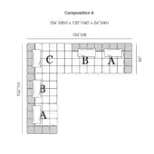 Modular sectional sofa, Composition 9, L-shape configuration with labeled square modules A, B, and C, grid structure, white background.