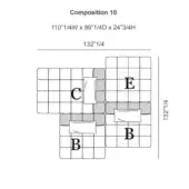 Modular furniture layout, grayscale tones, grid pattern displaying dimensions 110 ¼”W x 99 ¼”D, with labeled cushions and backrest components.