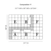 Bedding layout diagram, grid pattern, neutral gray and beige tones, labeled sections A-F, dimensions 121"W x 88"D x 24"H.