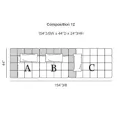 Modular seating diagram, neutral gray fabric, linear arrangement with labeled sections A, B, C and rectangular, square pillows, 154”W x 44”D.