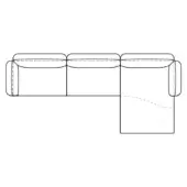 Sectional sofa line drawing, white background, left chaise, rectangular frame, three back cushions, horizontal stitched seams, schematic illustration.