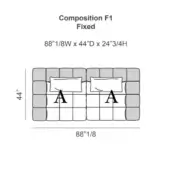 Bed diagram showing “Composition F1 Fixed” dimensions, 88”W x 44”D x 24”H, with modular rectangular blocks and labeled pillows in gray tones.