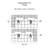 Composition F2 Fixed sectional sofa diagram, gray modular blocks, 88”W x 44”D, SX and DX layouts shown with labeled sections A and B.