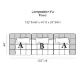 Modular sofa “Composition F3 Fixed” diagram, 132 ¼”W x 44”D x 24 ¾”H, rectangular modules labeled A & B, quilted texture, white background.