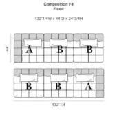 Bed Composition F4 Fixed technical diagram, gray modular headboard with rectangular blocks in two configurations, 132"W x 44"D.