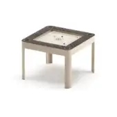 Carrom table with light beige playing surface, red scoring zones, dark brown chevron wood frame, and cylindrical beige legs.