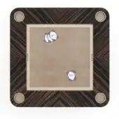 Game table, dark wood frame, chevron pattern; beige felt playing surface; silver feet; Vismara "enigma 4umfwccs5e" cards displayed on top.