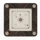Carrom board with cream playing surface, dark brown border, red compass rose, orange accents, and blue arrow movement paths, framed in wood.