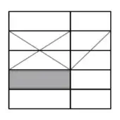 Rectangular grid diagram with black lines, diagonal X marks in cells, gray bottom rectangle, and a 4x4 arrangement of empty and marked spaces.
