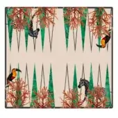 Backgammon table, Vismaradesign Goemon, beige playing area with green triangles, coral and tropical bird illustrations, dark gray frame.