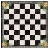 Chess table with marbled black and white checkered surface, framed by ornate black border with gold accents and green foliage corners.
