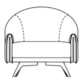Lounge chair line drawing, black and white, rounded high back with quilted panels, wide armrests, angled three-leg base.