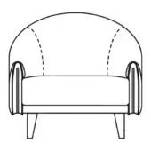 Armchair line drawing, black on white, featuring a curved back, flared armrests, and conical legs with a segmented, padded backrest.