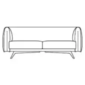 Three-seater sofa line drawing, rounded form, low seat cushion, angled tapered legs, minimalist schematic illustration.