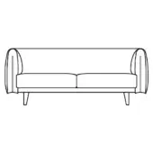 Three-seater sofa line drawing, minimalist style, curved back and arms, tapered legs, black on white schematic.