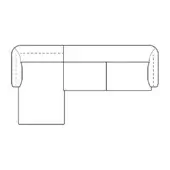 Sectional sofa line drawing, black and white, L-shape with rounded arms, three seat cushions on longer section, rectangular base.