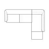 Sectional sofa line drawing, black and white, rounded corner design with three joined sections, padded cushions, and schematic detailing.