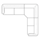 Sectional sofa line drawing, white background, corner configuration, two-tiered right side, dashed outlines, modern modular design.