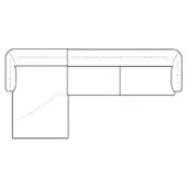 L-shaped sectional sofa line drawing, gray, with rectangular cushions, rounded arms, and dashed seam detailing on backrest and sides.