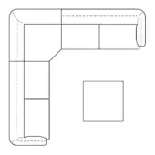 Sectional sofa line drawing, black and white, L-shape with ottoman, rectangular cushions, rounded corners, dashed upholstery detail, white background.