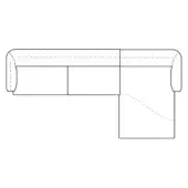 Sectional sofa line drawing, L-shape, curved arms, padded back, dashed construction lines, minimalist style, white background.