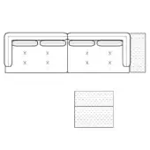Modular sofa technical drawing, gray striped fabric, rectangular sections with quilted backrests and recessed framing details.