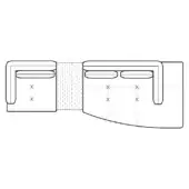 Modular seating composition technical drawing, black lines on white, woven texture panel, curved backrests, and flat armrests.