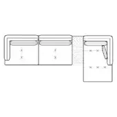 Sectional sofa technical drawing, black lines on white, L-shape with pull-out extension, minimalist design, visible stitching details.