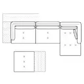 Modular sofa composition, black line drawing, L-shape with chaise, rectangular cushions, minimalist design, technical illustration.