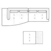 Modular sofa diagram, light fabric upholstery, curved sectional design with detailed stitching and internal structure illustration.