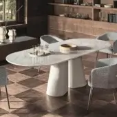 Superior Ditre Italia Pillar table with oval white marble top and textured white cement pillars crafted in Italy