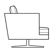Chair line drawing, black and white, minimalist design with rectangular back, rounded headrest, circular pedestal base, labeled "lars with shaped base".